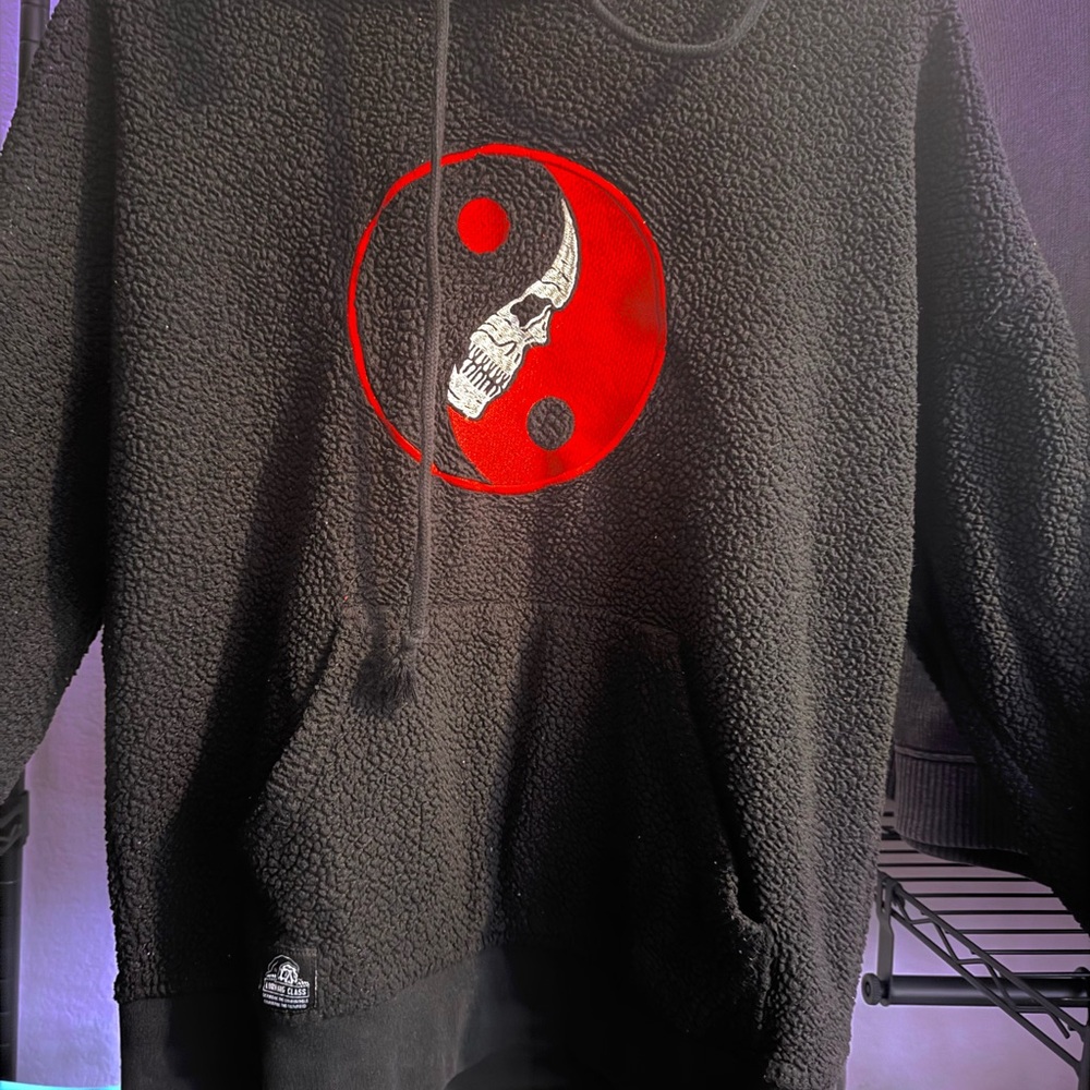 Black Hoodie with Red Skull Yin Yang Design
